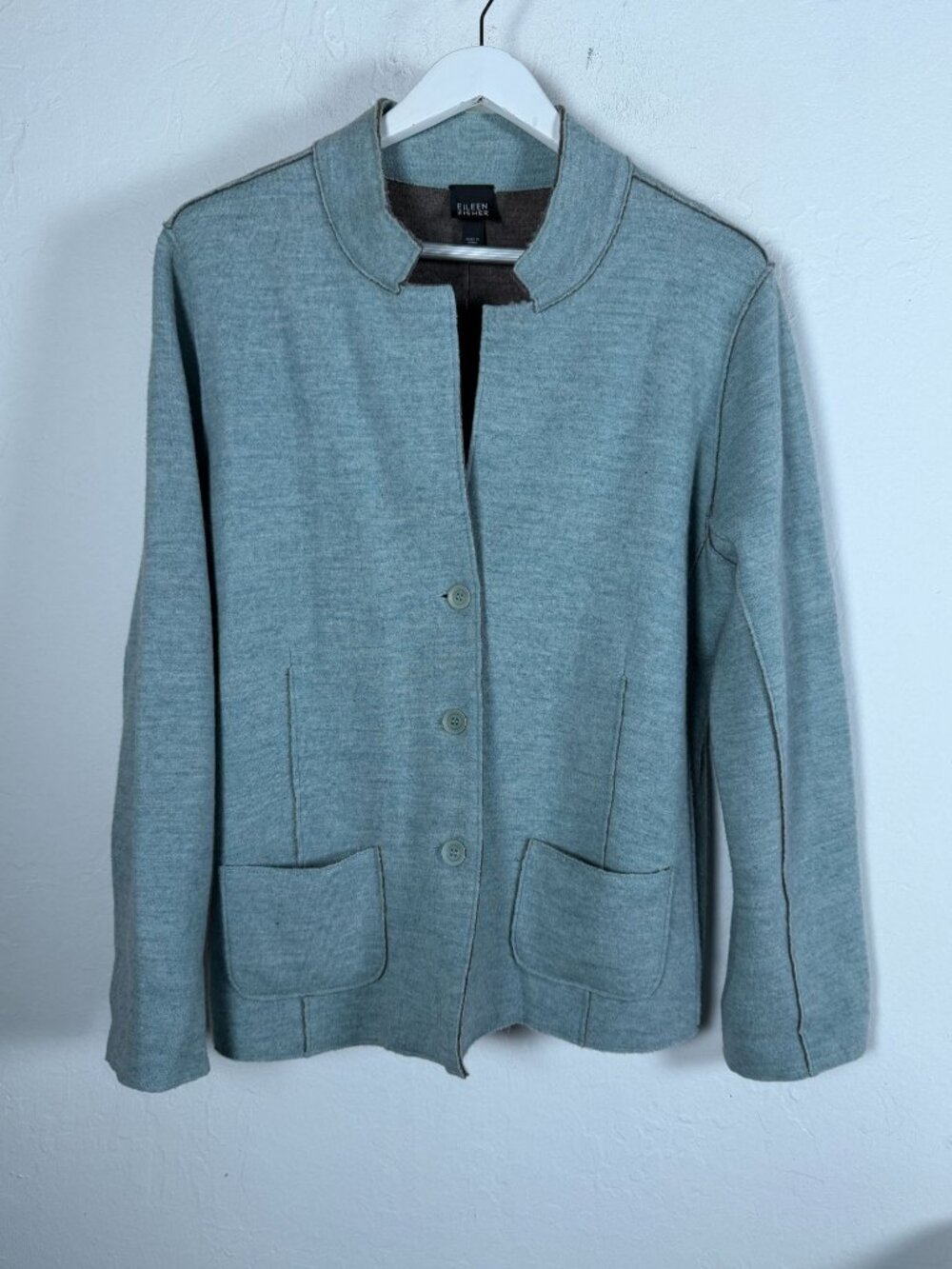 Eileen Fisher Women Sage Green Merino Wool Blend Button Front Cardigan Jacket XL